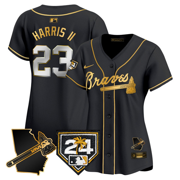 Women's Atlanta Braves #23 Michael Harris II Black Gold 2024 Spring Training & Georgia Patch Vapor Limited Stitched Baseball Jersey(Run Small) Women's Atlanta Braves #23 Michael Harris II Black Gold 2024 Spring Training & Georgia Patch Vapor Limited Stitched Baseball Jersey(Run Small)